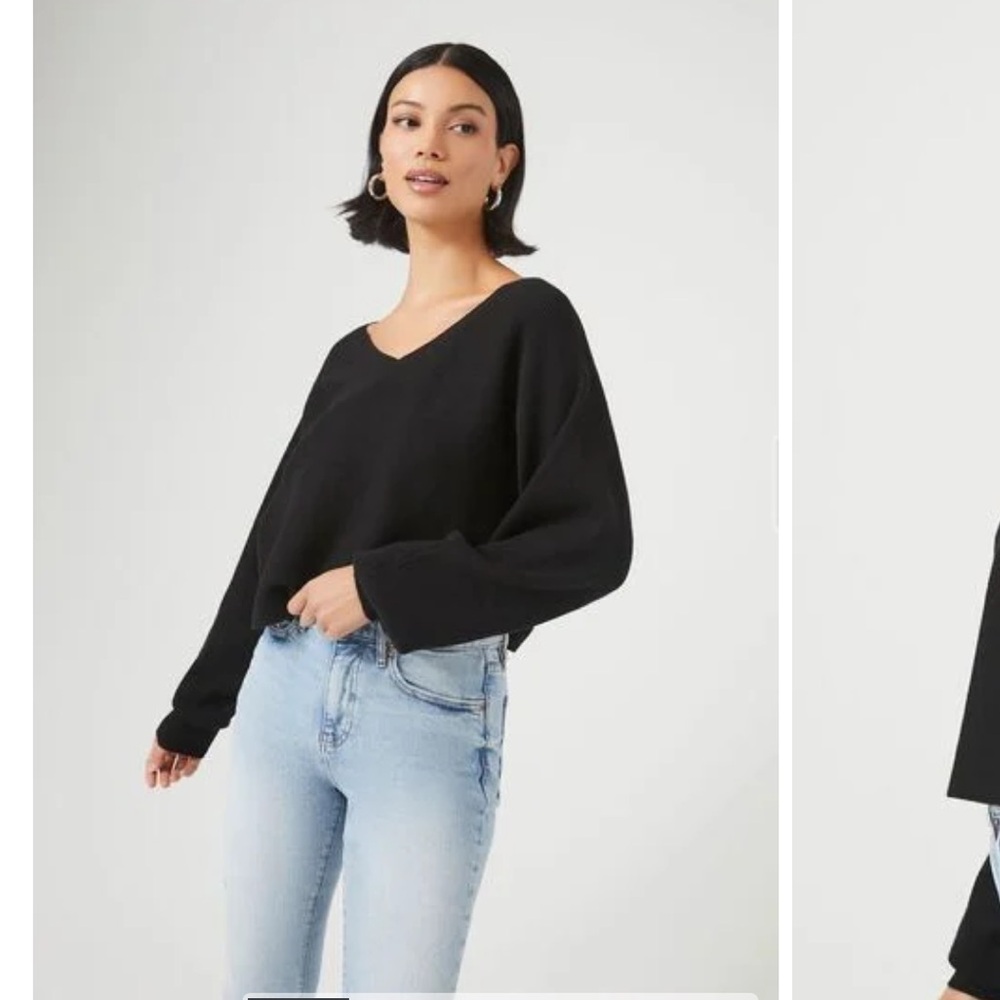 Boxy Cropped Ribbed V-Neck Sweater
